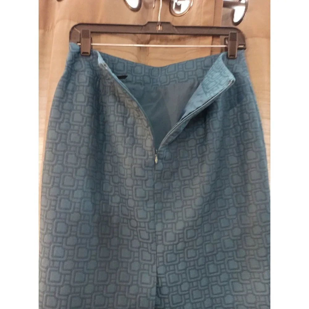 Women's Ann Taylor Teal/Blue Square Print With Shimmer Detail Pencil Skirt Sz 2 - Picture 6 of 6